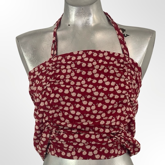 SHEIN Tops - SHEIN Red Halter Crop Top with Cream Floral Dots